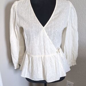 Madewell White Wrap Peplum Blouse 3/4 Sleeve